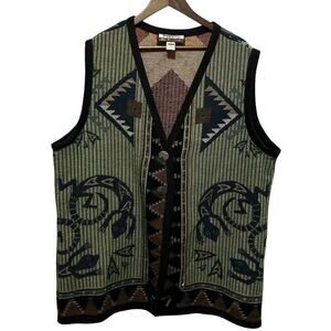 VTG Its In The Bag Womens 1X Green Tapestry Vest Aztec Gecko Western Boho Cotton
